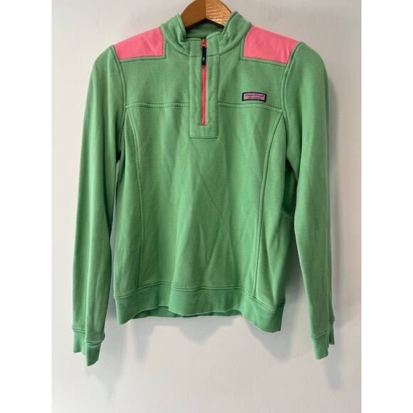 Vineyard Vines 1/4 Zip Pullover Sweatshirt 100% Cotton Green & Pink Medium JL - Picture 1 of 9